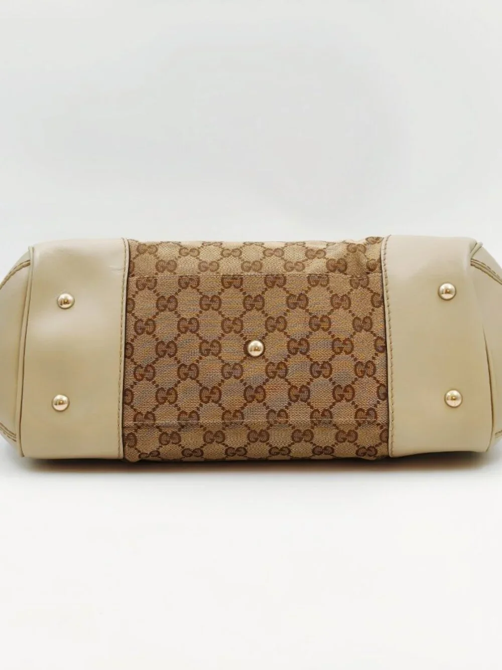 Gucci GG Canvas Web Bow Tote Bag Beige Ivory Leather Handbag Italy